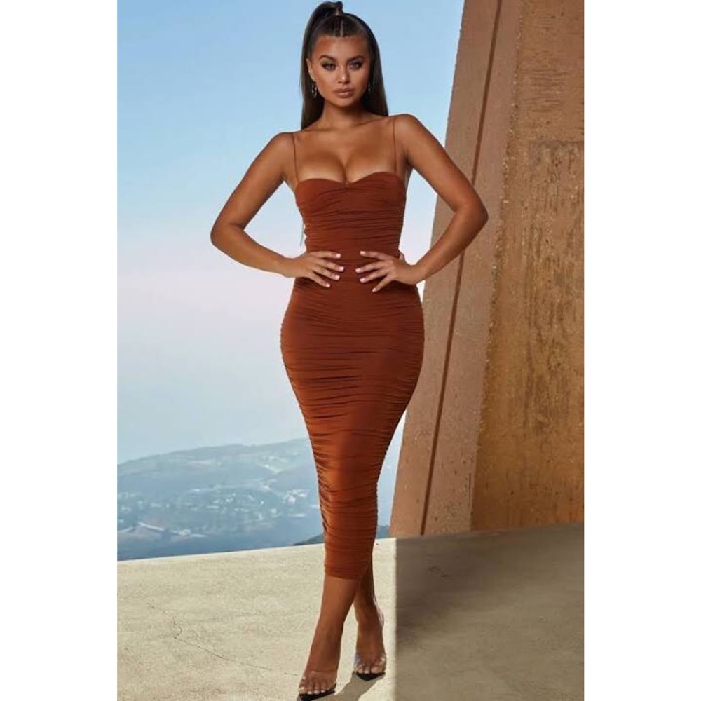 Oh Polly Sweetheart Neckline Brown/Rust Midi Dress